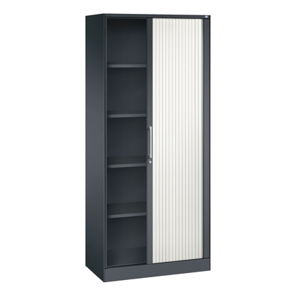 Schwarzgrauer Stahl-Rollladenschrank mit seitlichem Rollladen und sechs Innenregalen.