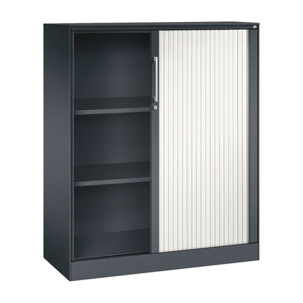 Stahl-Rollladenschrank in schwarzgrau mit einem Rollladen und zwei offenen Regalfächern.