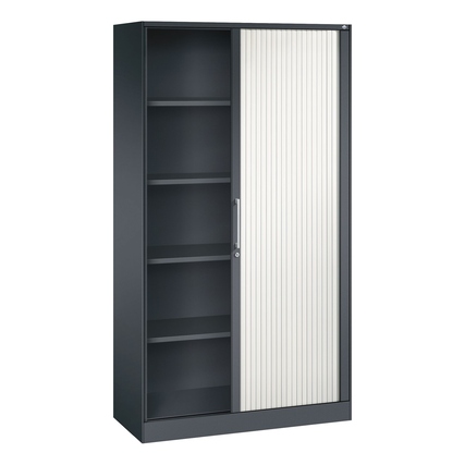 Schwarzer Rollladenschrank mit flexiblen Lamellen und mehreren Regalfächern, seitlich öffnend.