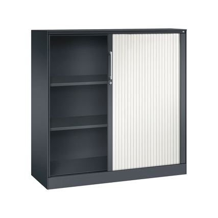 Stahl-Rollladenschrank mit vertikalem Rollladen und offenen Regalfächern in schwarzgrau.