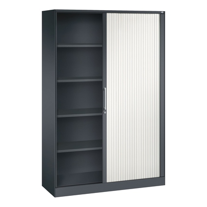 C+P Rollladenschrank Asisto in schwarzgrau mit einer Tür und mehreren Regalen im Innenraum.