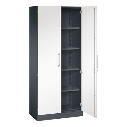 Flügeltürenschrank aus Stahl mit zwei Türen, innen mit verstellbaren Regalböden.