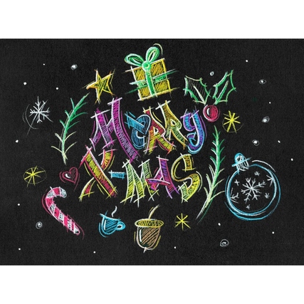 Buntstiftzeichnung auf schwarzem Papier mit Weihnachtsmotiven und bunten Farben.