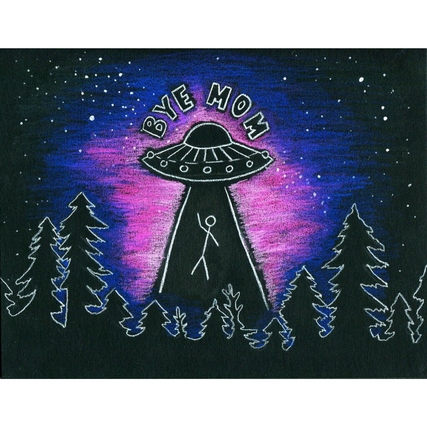 Buntstiftzeichnung eines UFOs mit dem Schriftzug "BYE MOM" auf dunklem Hintergrund.