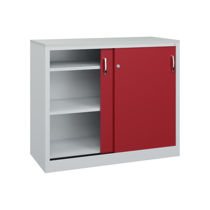 Stahl-Schiebetürenschrank in rubinrot mit zwei Regalen und einer Schiebetür.