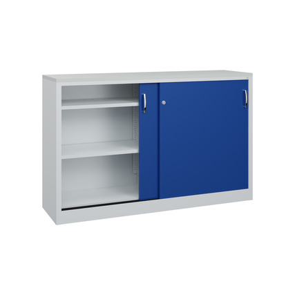 Stahl-Schiebetürenschrank Acurado-2000 in enzianblau mit zwei Schiebetüren und Innenregalen.