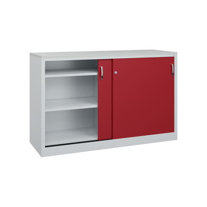 Stahl-Schiebetürenschrank mit roter Tür, zwei Regalen und einer Abdeckplatte.