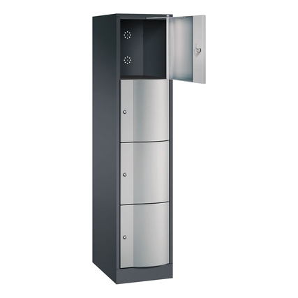 Schließfachschrank mit 4 Fächern, schwarzgrau, und vorderer Türöffnung.