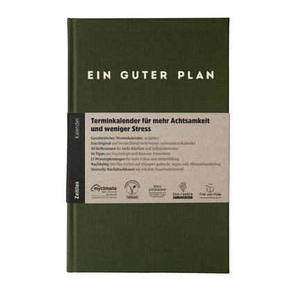 Buchkalender in schlichtem Design mit Titel und Produktbeschreibung auf dem Cover.