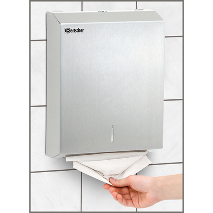 Handtuchspender aus Edelstahl mit Frontklappe zur Entnahme von Papiertüchern.