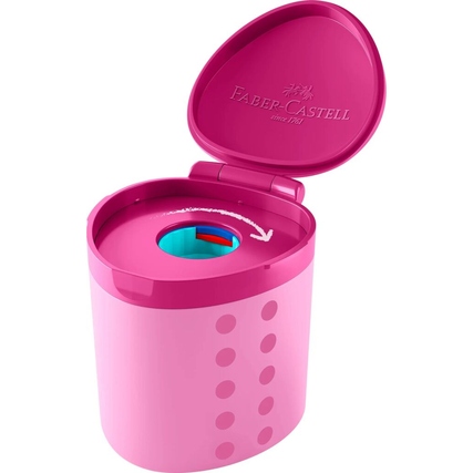 Pinkfarbener Dosenspitzer mit ergonomischer Dreikantform und rutschfesten Noppen, geöffnet.