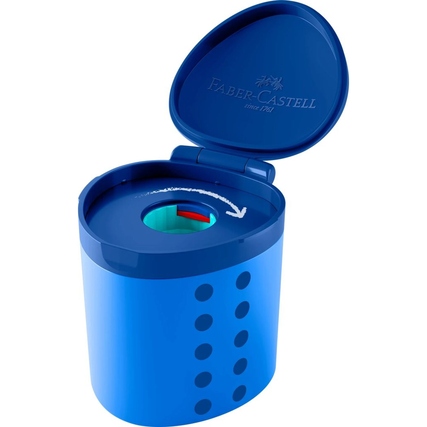 Blauer Dosenspitzer mit ergonomischer Dreikantform und rutschfesten Noppen, geöffnet.