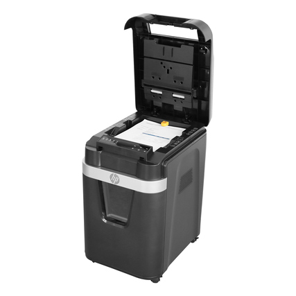 HP Pro Shredder Auto 200CC mit geöffnetem Deckel, bereit zum Aktenvernichten im Anwendungsbeispiel.