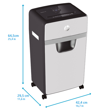 HP Aktenvernichter OneShred 16MC im Anwendungsbeispiel mit Maßen und Bedienfeld sichtbar.