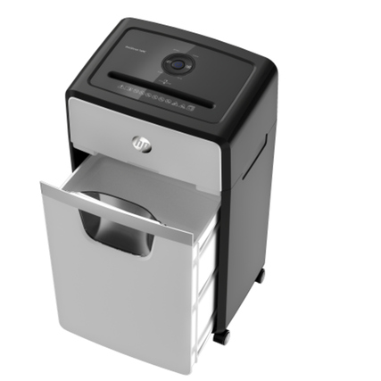 HP Aktenvernichter OneShred 16MC mit offenem Behälter zur Aufnahme von zerkleinertem Papier.