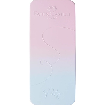 Schreibgeräteset in hellblau-pinkem Etui mit Faber-Castell-Logo und Poly-Prägung.