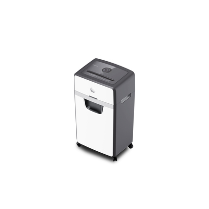Aktenvernichter mit Partikelschnitt in grau-weißer Farbgebung, geeignet für Büros.