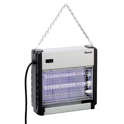 Insektenvernichter mit zwei UV-A-Röhren und herausnehmbarer Schublade, hängend montiert.