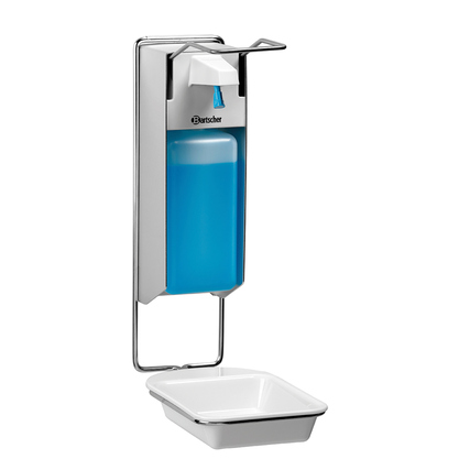 Auffangschale unter einem Desinfektionsspender, umflossen von Flüssigkeit mit Wandmontage.