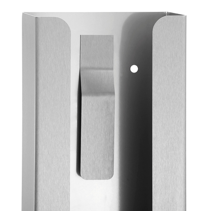 Edelstahl-Spenderhalter für Einweghandschuhe mit Fronteinschub und Rückholfeder zur Wandmontage.