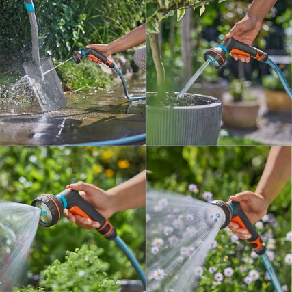 Multifunktionsbrause mit verschiedenen Sprühmustern, verwendet im Garten zur Bewässerung.
