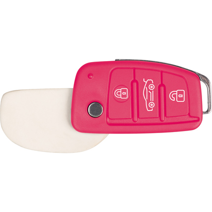 Weißer Radiergummi in pinker Schutzhülle, gestaltet wie ein Autoschlüssel mit Klappmechanik.