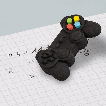 Radierer in Form eines Gamepads liegt auf kariertem Papier mit handschriftlichen Notizen.