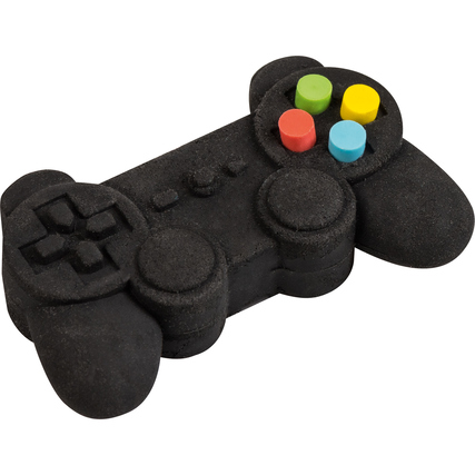 Radierer in Form eines schwarzen Gamepads mit bunten Tasten.