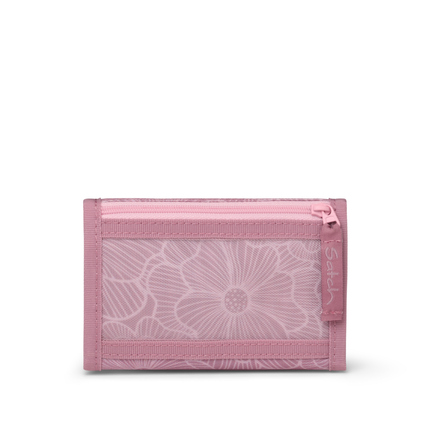 Geldbörse in Rosa mit floralem Muster und Sichtfenster für Münzen und Geldscheine.