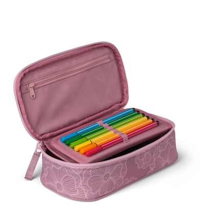 Schlampermäppchen in rosa mit Fächern und bunten Stiften im Inneren.