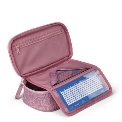 Satch Schlampermäppchen in rosa mit Organizer und Hauptfach, offen gezeigt.