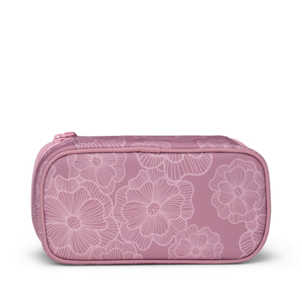 Schlampermäppchen mit floralem Design in Rosa, seitliche Ansicht.