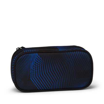 Schlampermäppchen in Seismic Blue mit geometrischem Design und Reißverschluss.