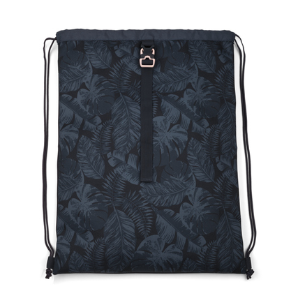 Sportbeutel in Midnight Jungle mit schwarzem Pflanzenmuster und Kordelzugverschluss.