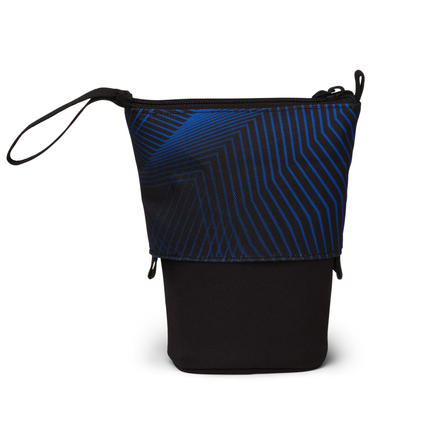 Schlampermäppchen mit blauer geometrischer Musterung und aufrollbarem Design.
