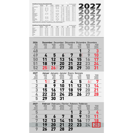 Glocken Wandkalender 30 x 52 cm (B x H) 2027 anthrazit/rot