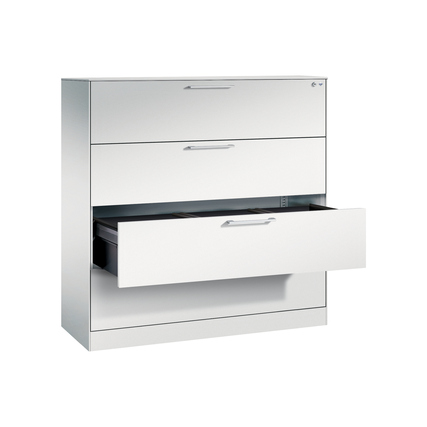 Hängeregistraturschrank in lichtgrau mit drei Schubladen, eine Schublade ist geöffnet.