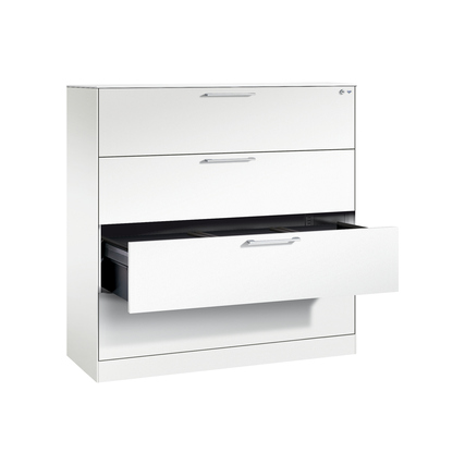 Hängeregistraturschrank mit drei Schubladen, in Verkehrsweiß, leicht geöffnet.