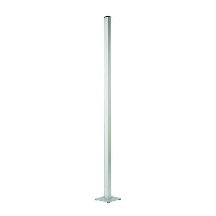 Puristische Stehleuchte aus Aluminium und Stahl mit quadratischem Standfuß, 143,2 cm hoch.