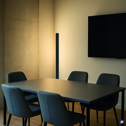 Puristische LED-Standleuchte MAULpino neben einem Esstisch in einem modernen Raum.