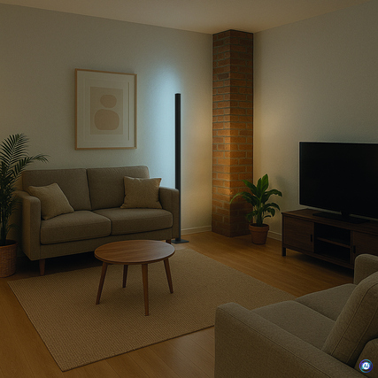 Schlanke anthrazitfarbene Stehleuchte in einem modernen Wohnraum zwischen Couch und TV.