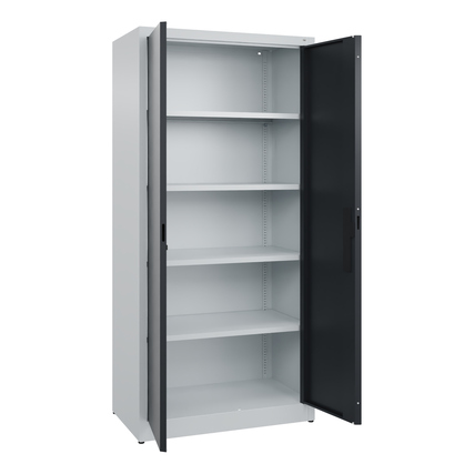 C+P Flügeltürenschrank Acurado in schwarzgrau mit offenen Türen und einstellbaren Regalböden.