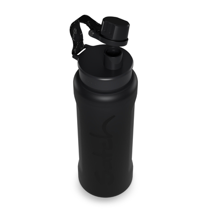 Schwarze Satch Trinkflasche XL mit abnehmbarer Kappe und Tragegriff von oben sichtbar.
