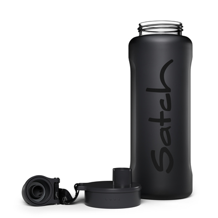 Schwarze Satch Trinkflasche XL mit abnehmbarer Verschlusskappe und Aufbewahrungskabel.