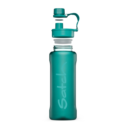 Satch Trinkflasche XL in türkis mit abgebildetem Schraubverschluss und ausklappbarem Deckel.