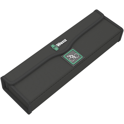 Schwarze, textile Box für das Wera Knarre Click-Torque Bicycle Set mit Logo und Fahrrad-Symbol.