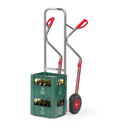 Aluminium Sackkarre mit pannensicherer Bereifung, beladen mit Kisten für den Transport.