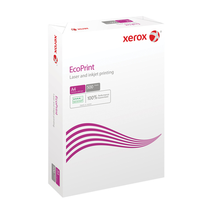 Verpackung von Xerox Kopierpapier EcoPrint in A4 mit 500 Blatt und einem modernen Design.