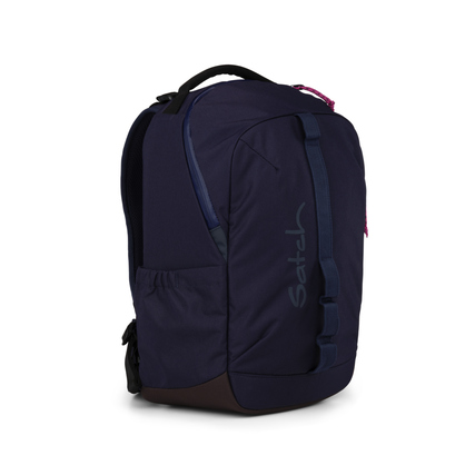 Satch Schulrucksack in Urban Pink Blue, seitliche Ansicht mit Fächern und Tragegriff.
