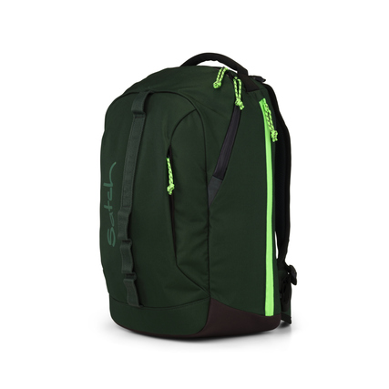 Schatten und grüne Seitenansicht eines Satch Schulrucksacks mit neonfarbenen Details.